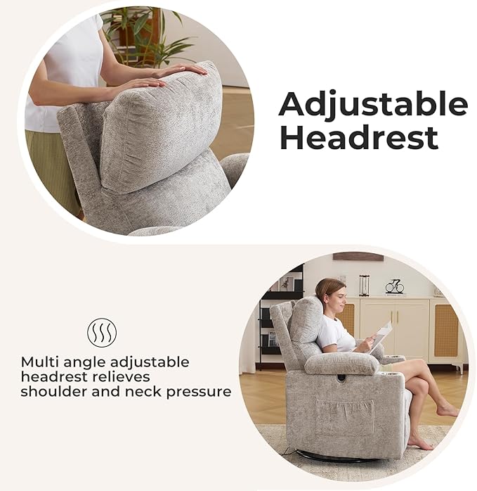 Oversized Power Recliner Chair Swivel Glider with Massage and Heat, Swivel Rocker Recliner with Adjustable Armrests, 26" Nursery Chair with Adjustable Headrest, Rocker Nursery Recliner, Light Grey