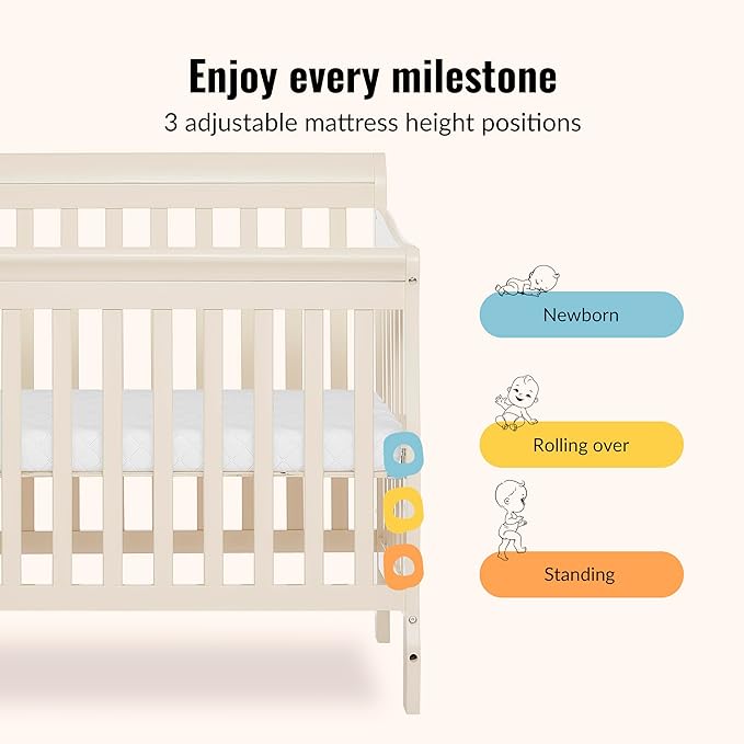 Dream On Me Aden 4-in-1 Convertible Mini Baby Crib French White, GreenGuard Gold & JPMA, Sustainable Pinewood, Non-Toxic Finish, 3 Mattress Heights, Converts to Mini Day & Twin-Size Bed