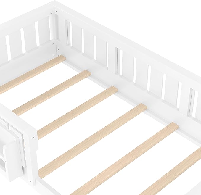 Bellemave Twin Size Floor Bed with high Rails and with Built-in Bookshelf for Kids, Girls, Boys, Wood Montessori Floor Bed Without Door, White