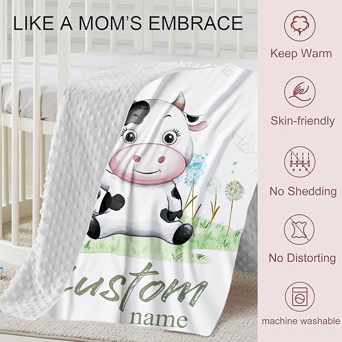 Personalized Crib Bedding Set for Boys Girls, Custom Baby Crib Sets with Name, Cows Theme Nursery Bedding, 2 Piece Baby Crib Sets - Soft Blanket with Double Layer Dotted Backing, Crib Fitted Sheet
