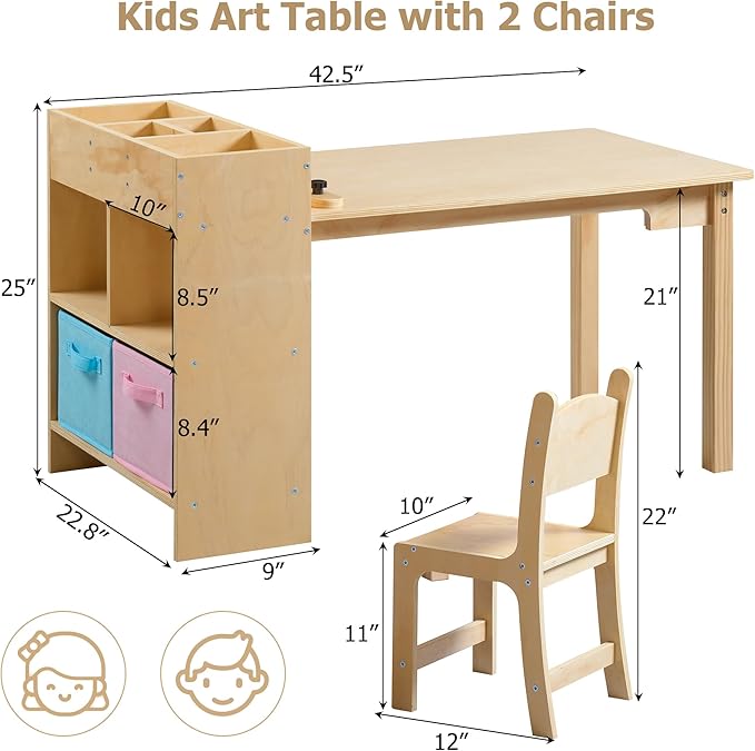 Kids Art Table and 2 Chairs Set, Pine Plywood Toddler Activity Craft Desk with Storage Bins for Drawing, Writing, Reading, Ideal for Nursery, Playrooms & Classroom