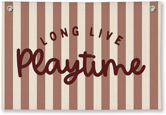 Playroom Decor, Long Live Playtime Wall Hanging Linen Banner, Blue Striped Wall Flag for Kids Room Nursery Playroom Decor, 20x30 Inch-Red