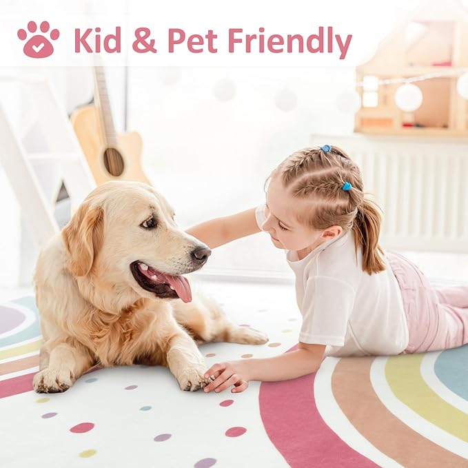 STARUIA Washable Rainbow Rug for Girls Bedroom, Colorful Rug 4x6 Area Rugs for Nursery Kid Room, Non-Slip Soft Polka Dot Carpet Kids Rugs for Classroom Playroom Tent Castle