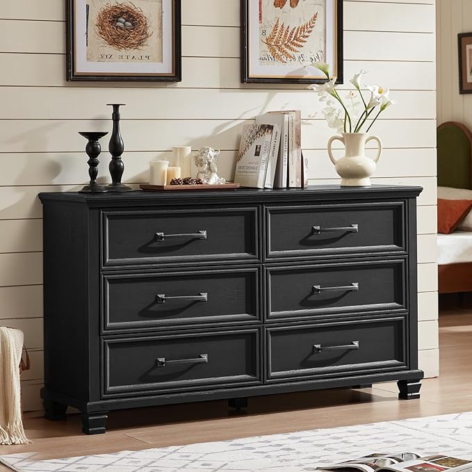 Farmhouse 6 Drawer Dresser for Bedroom, 54 inch Wide Rustic Vintage Chest of Drawers with Square Solid Wood Legs, Large TV Stand for Living Room, Wooden Storage Dressers for Hallway, Black