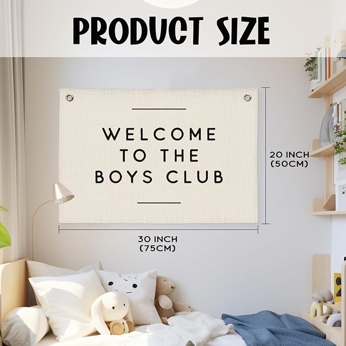 Boys Club Banner, Boys Playroom Kids Room Decor, Playroom Essentials, Linen Banner Kids Tapestry Wall Hanging Flag Decor for Toddler Boy Nursery