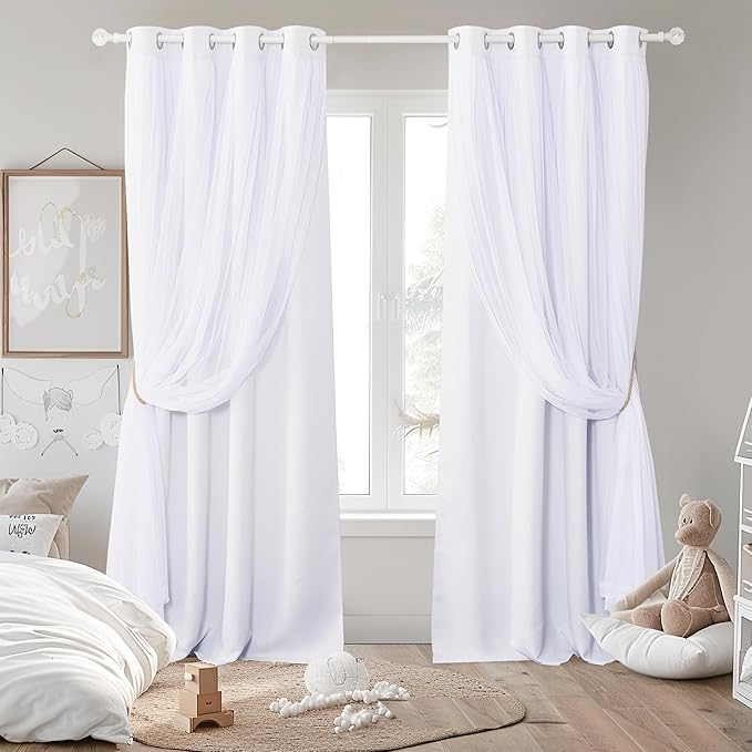 PONY DANCE White 95 inch Sheer Curtains - Double-Layered Blackout Curtains Set Sheer Overlay Solid Room Darkening Panels for Living Room/Bedroom ((Winter White, 52 inch Width for Each, Set of 2)