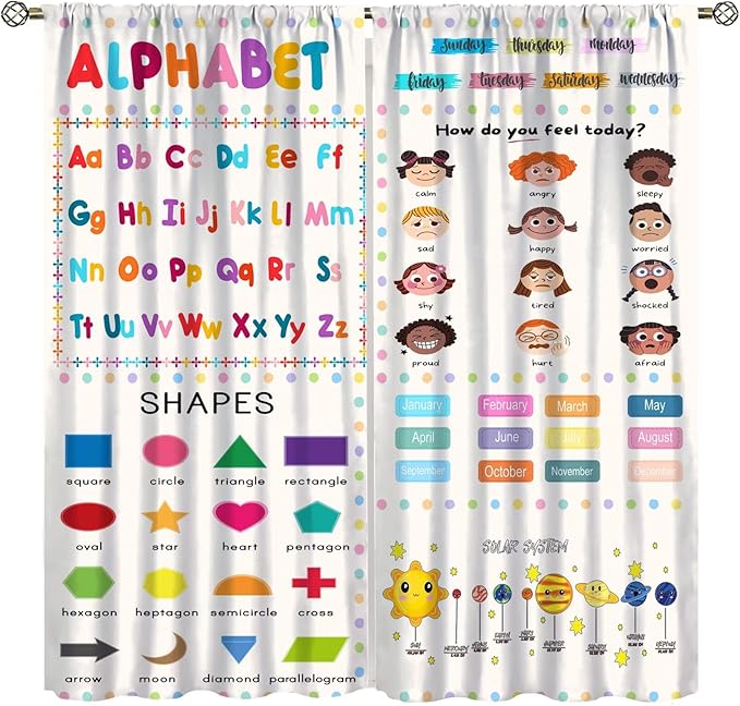 Kids Educational Alphabet Cartoon Curtain Solar System Shapes Cute Knowledge Printed Rod Pocket Blackout Window Drapes for Todders Nursery Baby Bedroom Living Room 55" W X 63" L