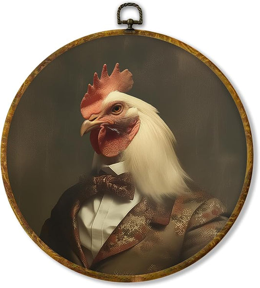 Hiuwevt Vintage Chicken Round Wall Art Decor, Whimsical Dark Moody Chicken Framed Canvas Prints, Rustic Country Farm Animal Round Wall Hanging Decor for Kitchen Home Bedroom Decorations, 10x10 Inches