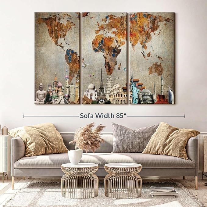 ElephantStock Rusty World Map Multi Piece Canvas - 3 Piece Canvas World Map Wall Decor - Wall Decor - Ready-to-Hang Print - Vintage Wall Art - 74" X 48"