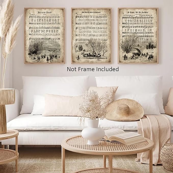 LUHDFYS Vintage Christmas Carol Sheet Music Wall Art,Aged Antique Grunge Style Canvas Print,Religious Hymn Poster,Unframed Home Decor