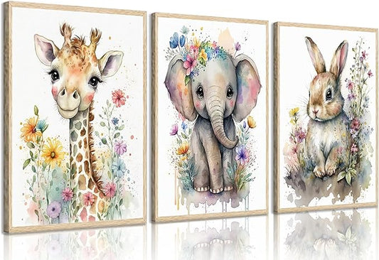 3Pcs Baby Watercolor Safari Animals Nursery Canvas Wall Art Cute Jungle Animals with Wildflower Picture Posters Wall Decor Giraffe Elephant Rabbit Painting Print Artwork for Kids Children Room 16x24in