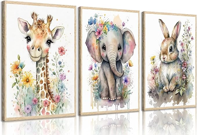 3Pcs Baby Watercolor Safari Animals Nursery Canvas Wall Art Cute Jungle Animals with Wildflower Picture Posters Wall Decor Giraffe Elephant Rabbit Painting Print Artwork for Kids Children Room 12x16in