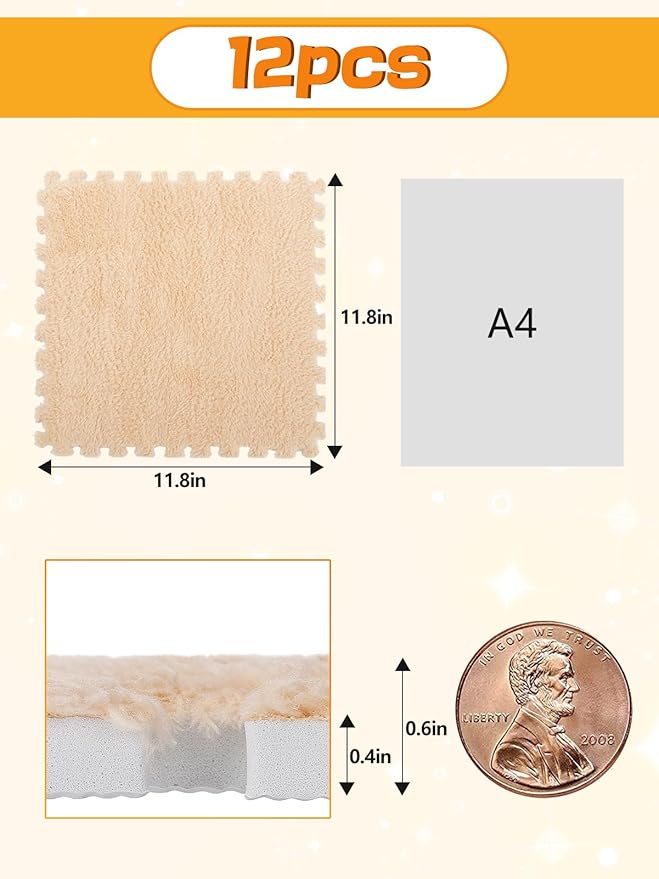 12 pcs Thickened Plush Foam Interlocking Floor Mat, Interlocking Foam Tiles with Edgings for Kids, Soft Anti-Slip Puzzle Area Square Rug Playmat for Children Room Bedroom(11.8", Light Brown)