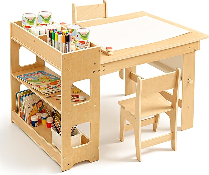 wingyz Kids Art Table and Chairs - Toddler Activity Table and 2 Chair Set with Storage Cabinet, 5 in 1 Kids Desk Craft Table with Paper Roll for Drawing Playrooms Daycare Classroom Gifts