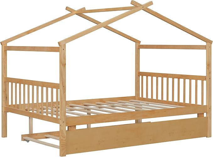 Harper & Bright Designs Full House Bed for Kids, Wood Montessori Beds with Trundle, Full Platform Bed Frame with Roof, Playhouse Bed for Kids,Teens, Bedroom, Natural