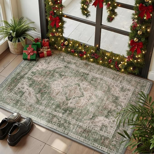 AMOAMI-2X3 Small Rug-Washable Rugs Entryway Mat Indoor-Soft Vintage Non Slip Rugs for Kitchen Laundry Room Bathroom Green Decorative Accent Rug for in Front of Sink 24 Inch x36 Inch
