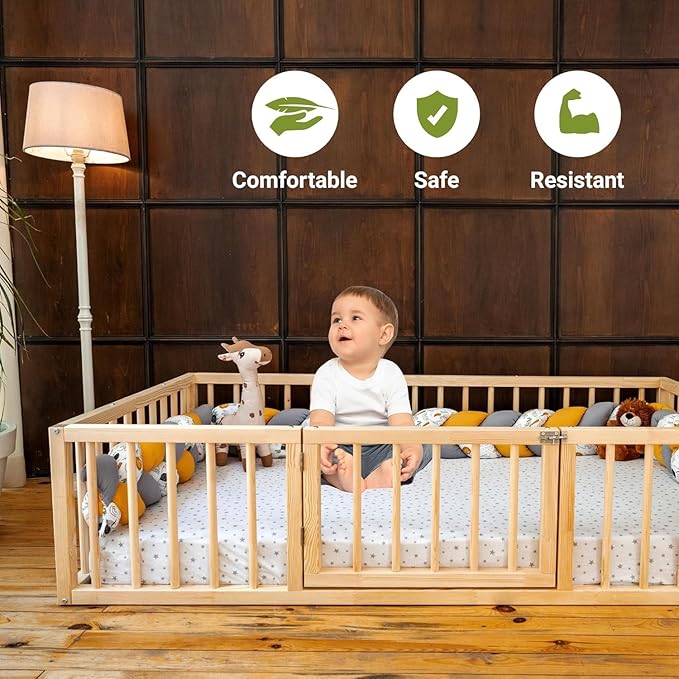 Montessori Floor Bed with Door On The Right Side for Toddler | Pine Wood Natural Solid Frame Beds | Sturdy Modern Design Floor Bed Frame for Boy and Girls (Queen, Height: 19 Inches)