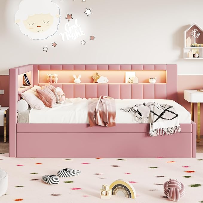 Twin Size Daybed with Trundle and L-Shaped Bookshelf Headboard, Linen Upholstered Soft Corner Bed with Storage Shelves, Charging Station and LED Belt for Kids Boys Girls, Pink