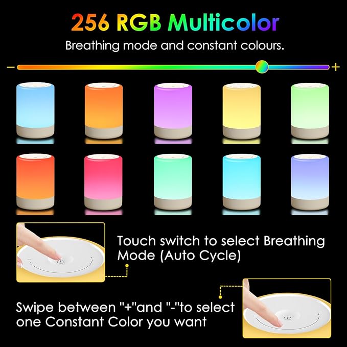 Nursery Night Light for Kids, 256 RGB Color Changing & Warm White Touch Bedside Lamp Wireless, 2200mAh USB Rechargeable LED Small Table Lamps for Bedroom, Dimmable Nursery Lamp with Memory