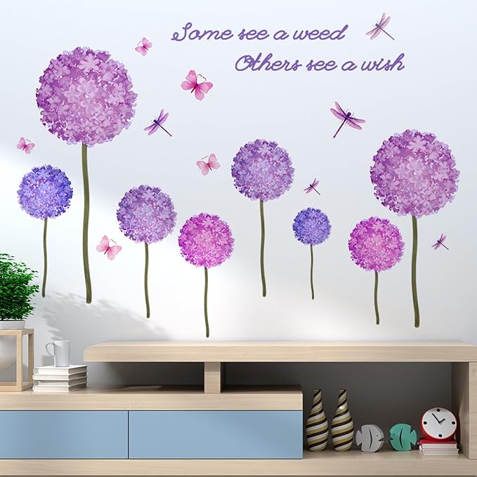 Dandelion Plant Wall Decals Flying Butterfly Dragonfly Wall Stickers Removable Violet Hydrangea Floral Wall Decor for Living Room Kids Bedroom Girls Bedroom Home Wall Decor