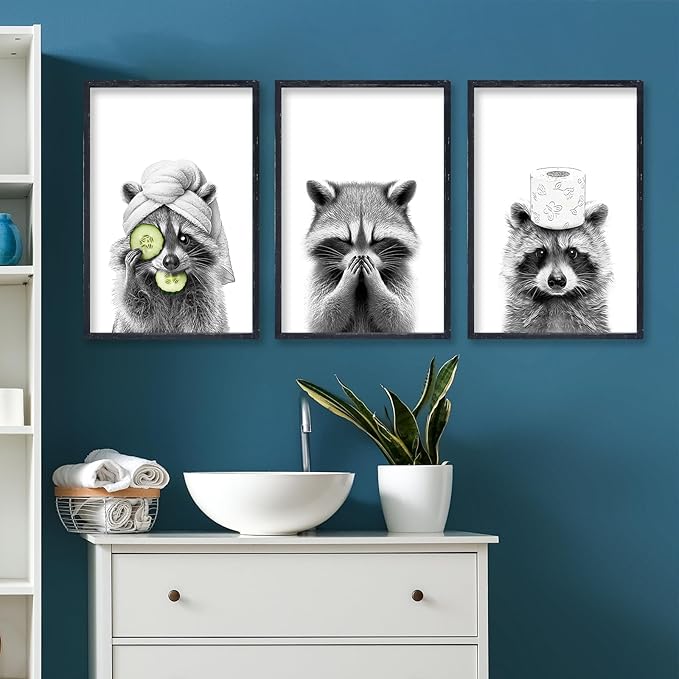 Funny Bathroom Adorable Raccoon Wall Art Decor 16x11 Inch Set Of 3 Laundry Animal Prints Wooden Framed Signs Rustic Washroom Interesting Modren Artwork Wall Hanging Deoration (Black)