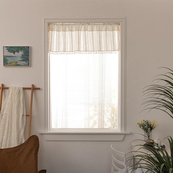 Deeprove White Boho Valance with Tassels Linen Kitchen Short Embroidered Curtain. Farmhouse French Country Rustic Small Window Treatment for Cafe Closet Laundry Dining Restaurant 1 Panel W52 x L18