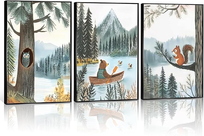 3 pcs Woodland Animal Nursery Wall Art Whimsical Kids wall decoration pictures Bear Owl Squirrel Illustrations Posters Prints for Playroom Toddler Bedroom Home Decor Unframed (16x24in poster)