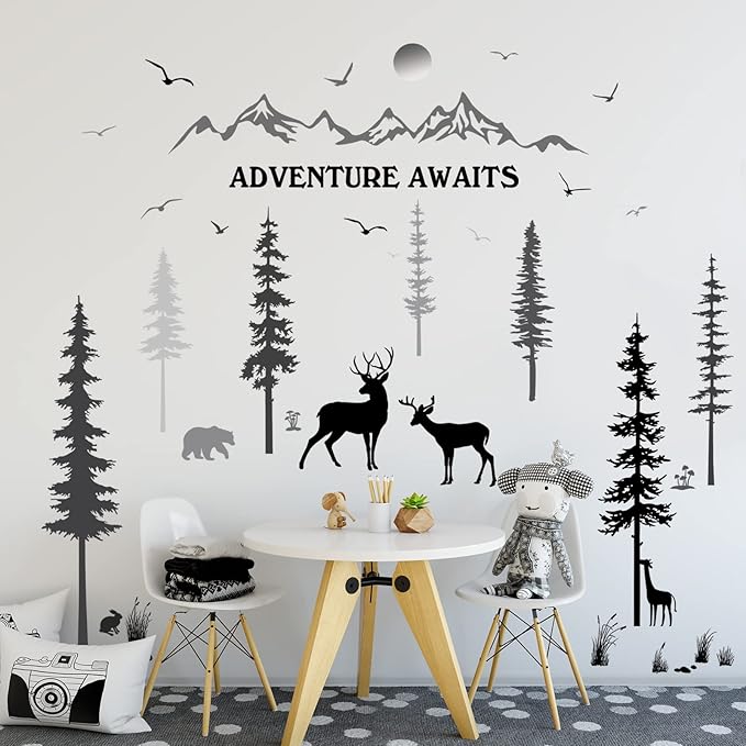 3 Sheets Woodland Nursery Wall Decals Forest Deers Wall Stickers Bears Pine Tree Home Decal Inspirational Quote Mountain Animal Sun Home Stickers DIY Wall Decals for Kids' Room