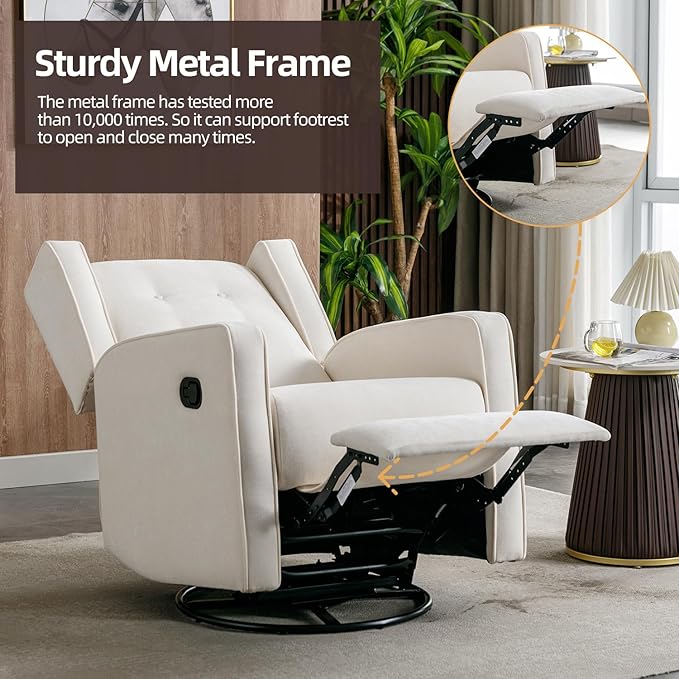 CANMOV Swivel Rocker Recliner Chair, Nursery Glider Chair, Nursery Rocking Chairs, Manual Reclining Chair, White