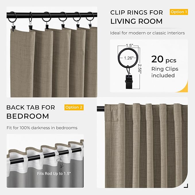 INOVADAY 100% Blackout Curtains for Bedroom, Black Out Curtains 84 Inch Long, Clip Rings Linen Blackout Drapes, Thermal Insulated Room Darkening for Living Room, 2 Panels - Fauxlinen,W50xL63