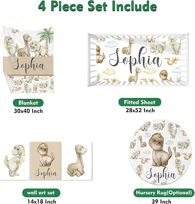 Custom Baby Crib Bedding Set,Personalized Name 4 Piece Nursery Bed Set with Dinosaur Design,Baby Blanket Fitted Sheet Nursery Rug Wall Art Set,Custom Room Decor Idea Gift for Newborns Boys Girls
