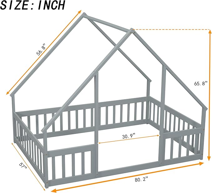 Bellemave Full Floor Bed for Kids, Girls, Boys, Wood House Bed Frame, House Floor Bed for Kids, Full Size Montessori Floor Bed with Fence, Playhouse for Kids, Gray