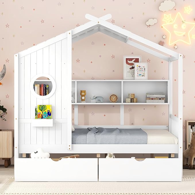 Bellemave Full Size House Bed with 2 Storage Drawers,Full Kids Bed with Storage Shelves,Wooden House Bed Frame for Girls,Boys,Can be Decorated,White