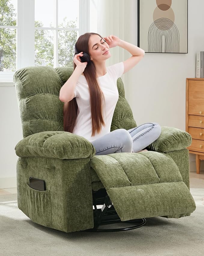 Swivel Recliner Chair, Upholstered Fabric Comfy Rocking Chair, Sturdy Q235 Steel Frame Nursery Glider, 300 LBS Capacity, for Small Spaces, Living Room, Bedroom, Green