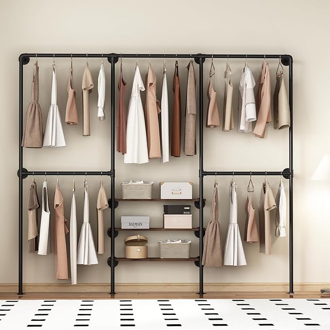Industrial Pipe Clothing Rack, Wall Mounted Clothes Rack, Heavy Duty Closet Organizers Wardrobe Multi-Purpose Storage Clothes Hanging Shelf-94.5''L Black