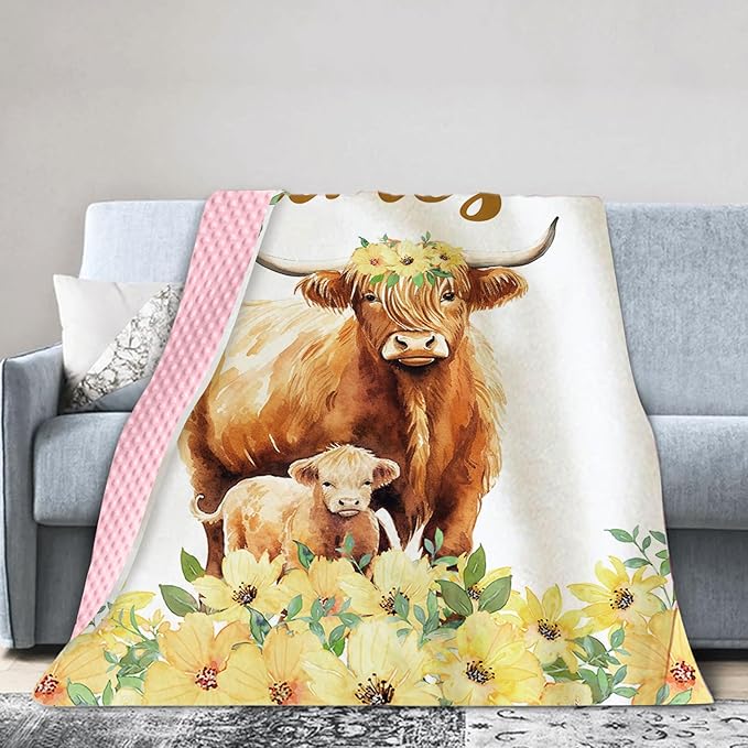 Personalized Baby Blankets for Girls, Custom Name Yellow Flower Highland Cow Theme Baby Blanket, Soft Receiving Blanket for Newborns and Toddlers, Ideal for Baby Showers and Nursery Decor