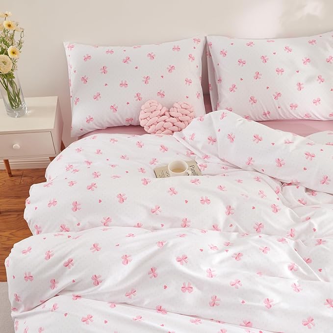 Nayoroom Pink Bow Comforter Set Queen Size Heart Bowknot Printed Coquette Bedding Set 3 Pcs Kids Girls Cute Comforter for All Seasons (1 Comforter, 2 Pillow Shams)