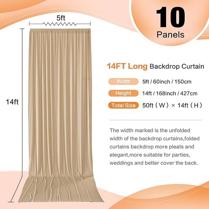50×14 ft Beige Backdrop Curtain for Wedding Parties, 10 Panels 14ft Long Wrinkle Free Silky Polyester Backdrop Drapes Tan Photo Back Drop Cloth for Birthday Baby Shower Photography Backgrounds