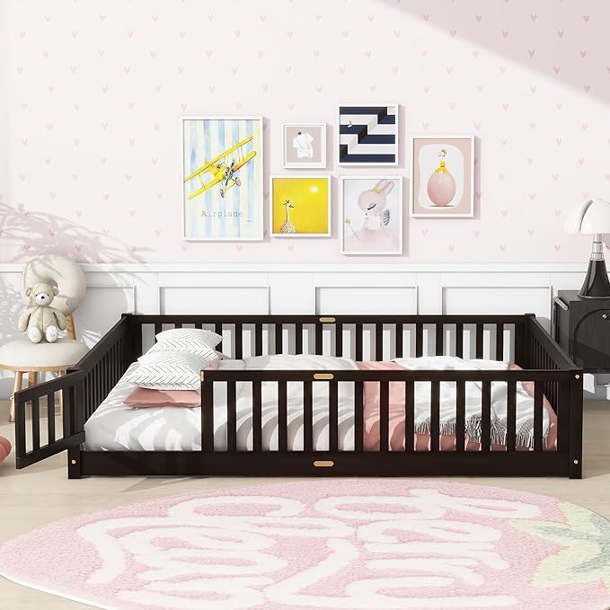 Queen Size Floor Bed for Kids, Wood Montessori Floor Beds with Fence Railings, Door & Slats Support, Queen Playhouse Bed Frame for Boys Girls, No Box Spring Needed, Espresso