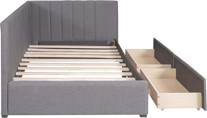 Harper & Bright Designs Upholstered Daybed with 2 Storage Drawers Twin Size Sofa Bed Frame No Box Spring Needed, Linen Fabric (Gray)