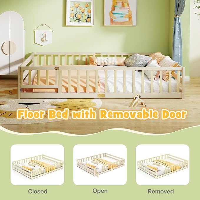 KOMFOTT Queen Size Wood Floor Bed with Door & Fence, Montessori Bed Frame with Full Length Safety Guardrails, Door & Latch, Wooden Montessori Floor Bed for Kids, Girls, Boys (Queen,Natural)