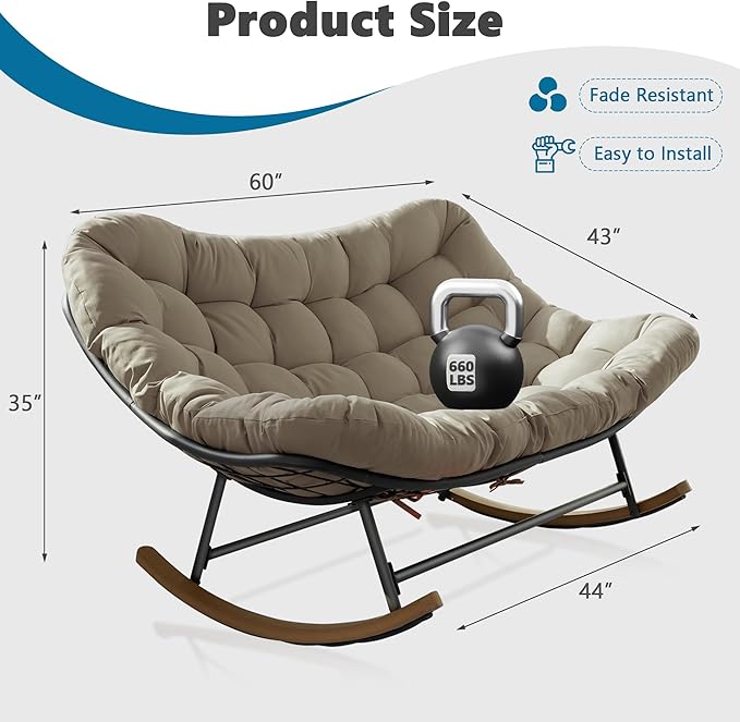 Double Papasan Rocking Chair Outdoor & Indoor, Oversized Rocking Reclining Loveseat with Thick Cushion and Frame, 660LBS Capacity Rocking Egg Chair for Patio Porch Living Room, Brown