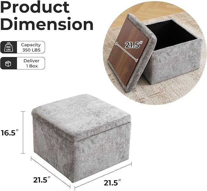 Modern Cube Storage Ottoman, Chenille Ottoman Foot Stools, Ottoman Footstool with Removable Lid, Storage Ottoman for Chair, Multi-Functional Footrest, Dark Grey