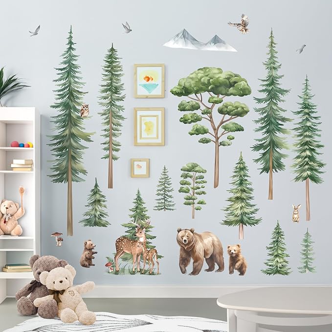 decalmile Large Pine Tree Woodland Wall Decals Forest Animal Bear Deer Wall Stickers Kids Room Baby Nursery Bedroom Wall Decor