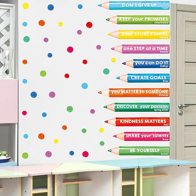 Inspirational Wall Decals, Multicolor Pencils Polka Dots Wall Stickers, Peel and Stick Motivational You Can Do It Wall Decor for Playroom Classroom Nursery Preschool Decoration