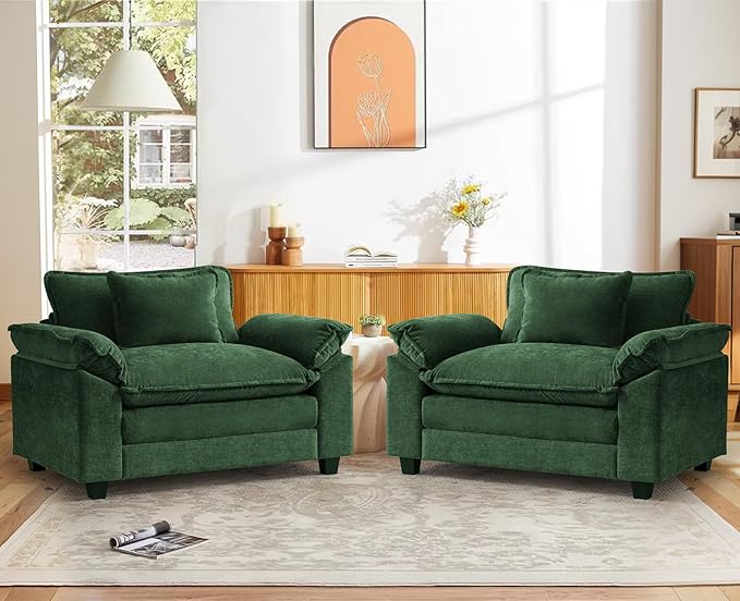 CDCASA Oversized Accent Chair, Chenille Comfy Cloud Sofa Chair with Large Seat and Upholstered Armrests, Modern Extra Wide Armchair Reading Chairs for Bedroom, Living Room,Set of 2,Green