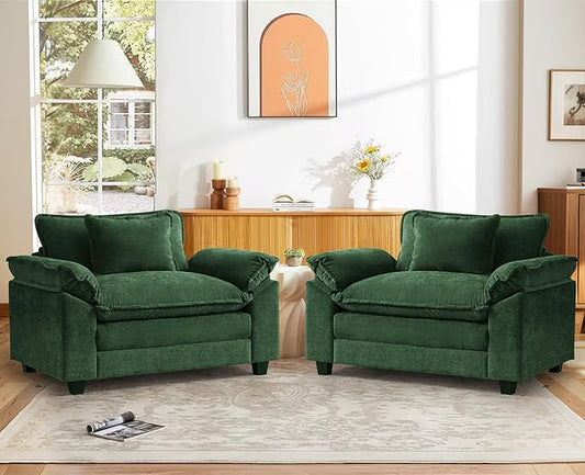 CDCASA Oversized Accent Chair, Chenille Comfy Cloud Sofa Chair with Large Seat and Upholstered Armrests, Modern Extra Wide Armchair Reading Chairs for Bedroom, Living Room,Set of 2,Green