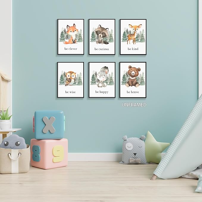 gooptyinh Woodland Nursery Animal Canvas Wall Art, 6 Piece Inspirational Forest Animals Print Posters, Motivational Quotes Cute Bear Fox Rabbit Deer Raccoon Owl Decor for Baby Bedroom 8x10in Unframed