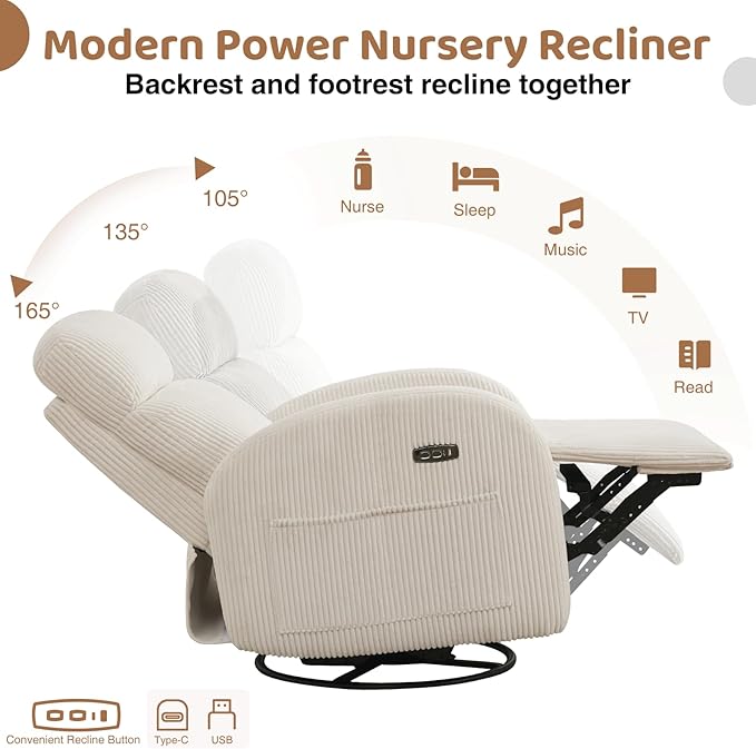 Power Nursery Glider Recliner, Swivel Glider Recliner with USB & Type-C Port, Swivel Reclining Nursery Rocker with Double Pockets for Living Room, White,Corduroy