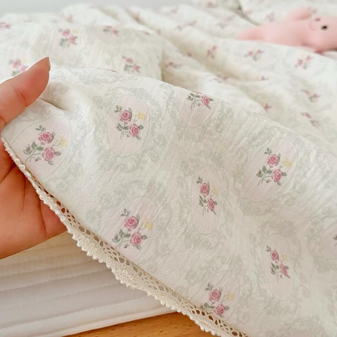 BuLuTu Vintage Princess Style Pink Floral Girls Kids Quilt, Muslin Children Bed Blanket Soft Lightweight Toddler Girls Comforter with Lace Edges, 60"x78",Begonia Print, Machine Wash
